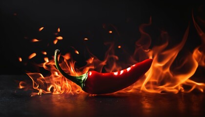 Dark black background with red hot chilli pepper ablaze, creative fiery wallpaper