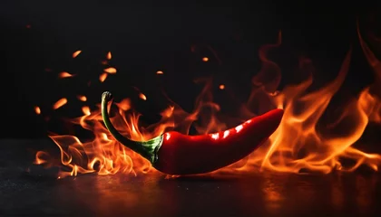 Crédence de cuisine en verre imprimé Piments forts Dark black background with red hot chilli pepper ablaze, creative fiery wallpaper