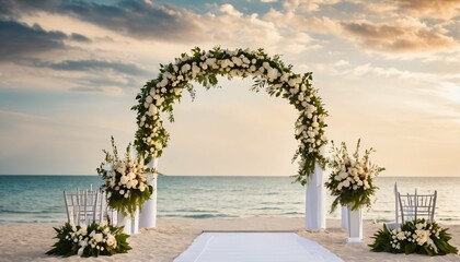 Fototapeta na wymiar Wedding ceremony setup on the beach: Wooden arch, flowers, and white walkway