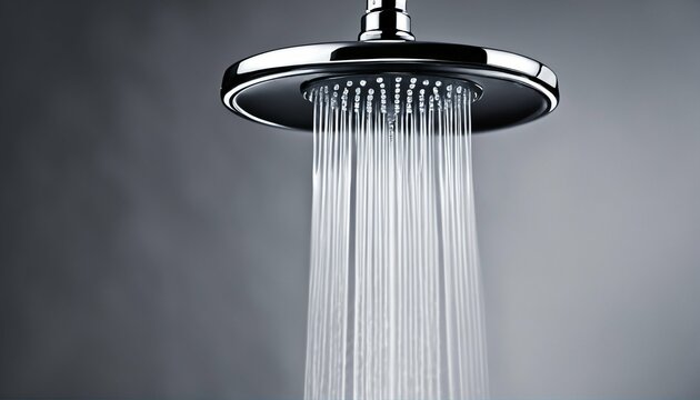 Eco-friendly bathroom concept, detailed view of a shower head with streaming water, highlighting drops and splashes