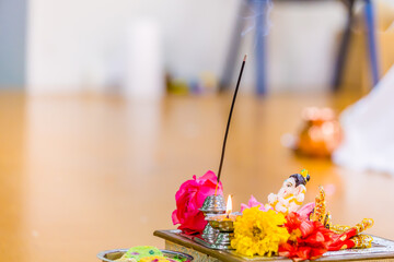 Indian Hindu wedding ceremony ritual items close up