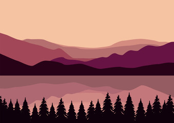 Landscape mountains with lakes. Vector illustration in flat style.