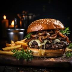 a big juicy hamburger with melted cheese, mushrooms and a side of fries