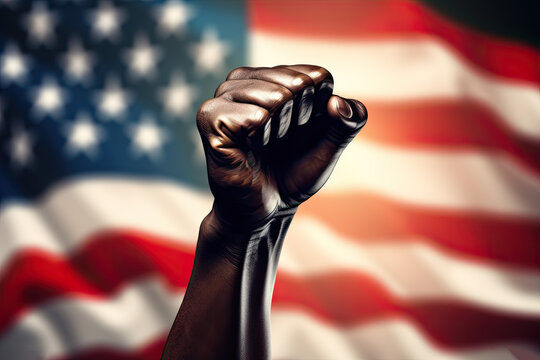 Black History Month. Raised Black Fist in Solidarity with Vibrant United States Flag, Oil painting, No Racism Concept