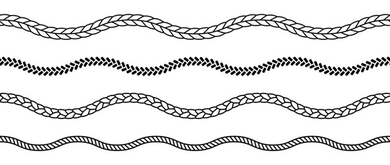 Set of rope waves. Repeating hemp cord stripes collection. Waving chain, braid, plait bundle. Seamless decorative plait pattern. Vector marine twine design elements for banner, poster, frame, border - obrazy, fototapety, plakaty