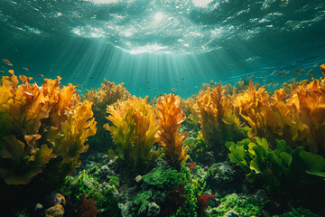 Underwater landscape Green Seaweed reef with algae, sea north, view in the cold sea ecosystem. - obrazy, fototapety, plakaty