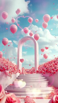 valentine podium with rose meadow and heart balloon for product, looping animation vertical video background