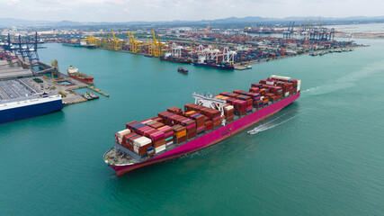 logistic cargo container ship sailing in sea to import export goods and distributing products to...