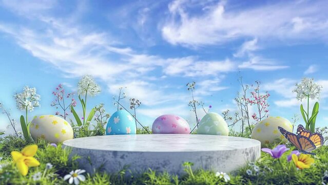 easter podium with painted eggs and spring meadow, looping video
