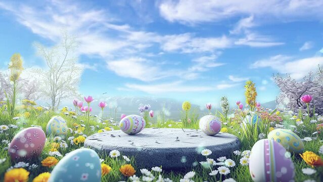 easter podium with painted eggs and spring meadow, looping video