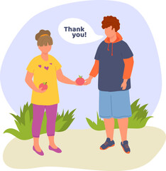 Boy and girl in casual clothing exchange apples outdoors, showing gratitude with speech bubble. Friendship and sharing concept vector illustration.