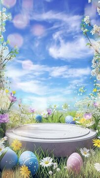 easter podium with painted eggs and spring meadow, looping vertical video