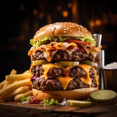a juicy beef burger with melted cheese served with fries