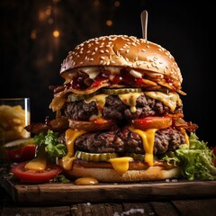a juicy beef burger with melting and oozing cheese served with tomatoes and lettuce