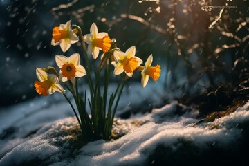 Early spring: yellow daffodils blooming amidst snow. Generative AI