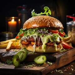 burger served with tomatoes, cheese, jalapeno and fries