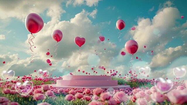 valentine podium with rose meadow and heart balloon for product, looping animation video background