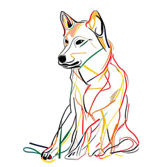A drawing of a Shiba Inu showing the full body, in one-line drawing, colorful, clean minimalistic lines