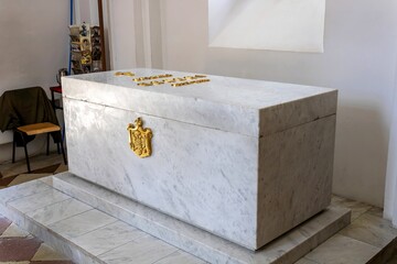 A marble sarcophagus of Queen Milena in Court Church, Cetinje Monastery, Montenegro