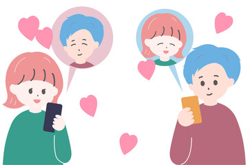 Obraz premium スマートフォンを見ている笑顔の男女 ハート