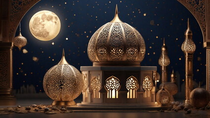 Ramadan background design with moon, mosque, leant,