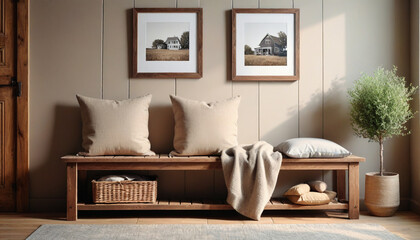 Wooden rustic bench with pillows against wall with two poster frames  Country farmhouse interior design of modern home e style