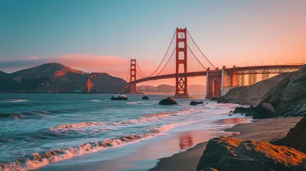 Foto op Plexiglas 早朝のカリフォルニア州サンフランシスコの象徴的なランドマーク、ゴールデン ゲート ブリッジGenerativeAI © enopi