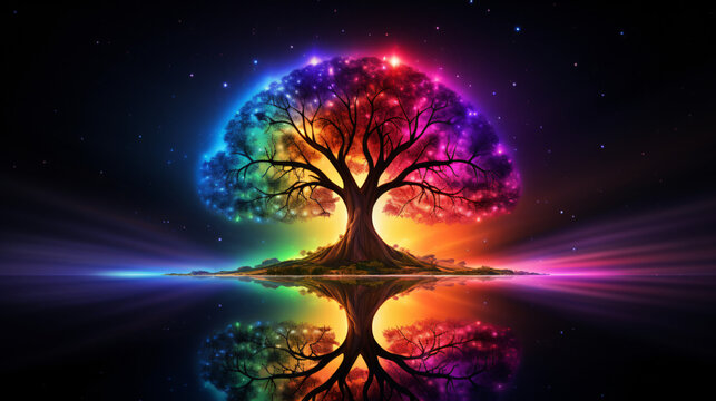 Abstract tree landscape background with rainbow colors.