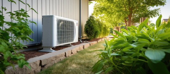 Fototapeta premium Air Source heat pump neatly installed outside, new home construction