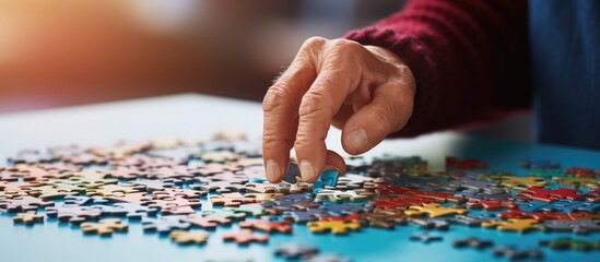 close up of hand with puzzle. Teamwork concept - obrazy, fototapety, plakaty
