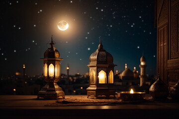 Ramadan background design with moon, mosque, leant 