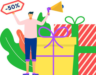 Man holding a megaphone and discount sign near giant gifts. Special offer announcement and big sale concept. Shopping promotion and bargain advertising vector illustration.