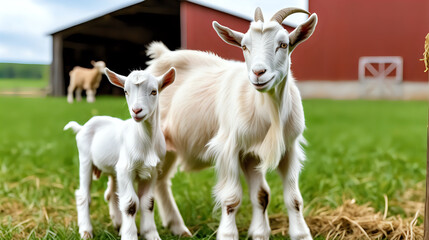 Fototapeta premium Goat family. Mom goat and baby goat in field farm. Generated with AI.