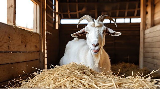 Goat eating hay in stable, farm barn, isolated on background, Generated whit AI.