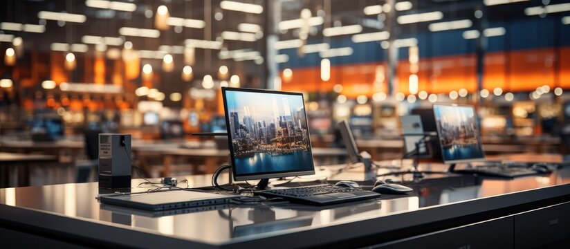 blurred background of electronics department store, television and laptop Computer