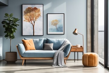 Blue and orange living room interior with large windows