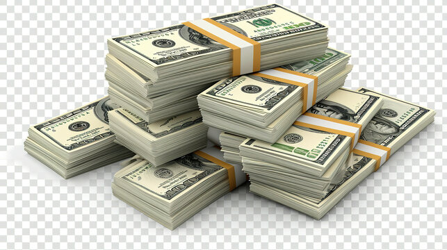 Money Pile of packs of hundred dollar bills stacks isolated on transparent background