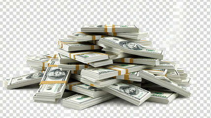 Money Pile of packs of hundred dollar bills stacks isolated on transparent background - obrazy, fototapety, plakaty