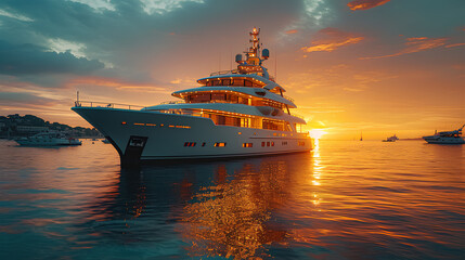 A slight futuristic very cozy luxury yacht at sunset, the dimmed lighting on the yacht is slightly amber color, all in all the atmosphere is very romantic.