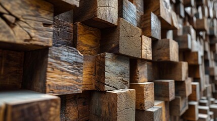 Abstract wooden cubes in varying shades of brown, artfully arranged on a wall to create a 3D effect.