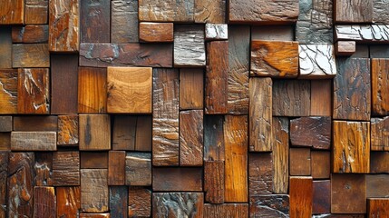 Abstract wooden wall texture with glossy, glazed mosaic tiles in a random geometric pattern, adding depth and interest.