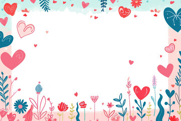 Hand drawn valentine day concept frame with heart and flower background.