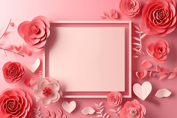 Paper cut style of valentine day concept frame with heart and flower background.