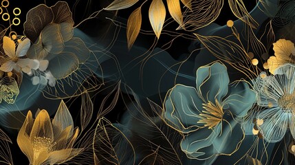 An abstract background featuring gold line art of elegant floral patterns for upscale home decor.