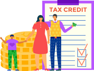 Family with coins stack and tax credit checklist. Financial planning, parents with child saving money. Tax deductions concept vector illustration.