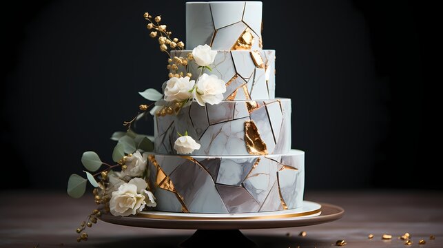 A modern geometric-inspired cake with clean lines and a minimalist design. It is adorned with edible gold leaf accents