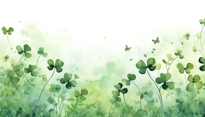 Closeup and crop shamrock plants on bokeh with space for texts and green background. Saint Patricks Day greeting card and poster. Web banner design. Green watercolor illustration for st Patricks day.