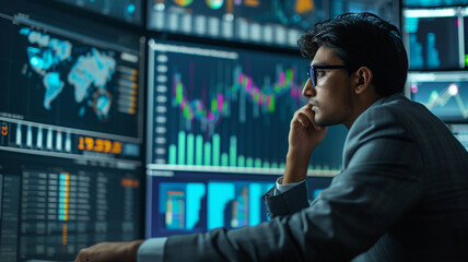 Data Analyst Engaging with Interactive Bid Data Analytics Dashboard, Indian Man

