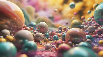 Rolgordijnen An abstract landscape of floating colorful spheres in 3D space. © Muhammad