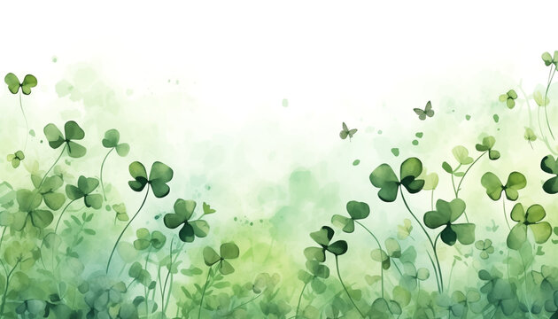 Closeup and crop shamrock plants on bokeh with space for texts and green background. Saint Patricks Day greeting card and poster. Web banner design. Green watercolor illustration for st Patricks day.